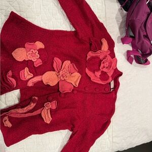 Anthropologie Red Floral Cardigan Sweater